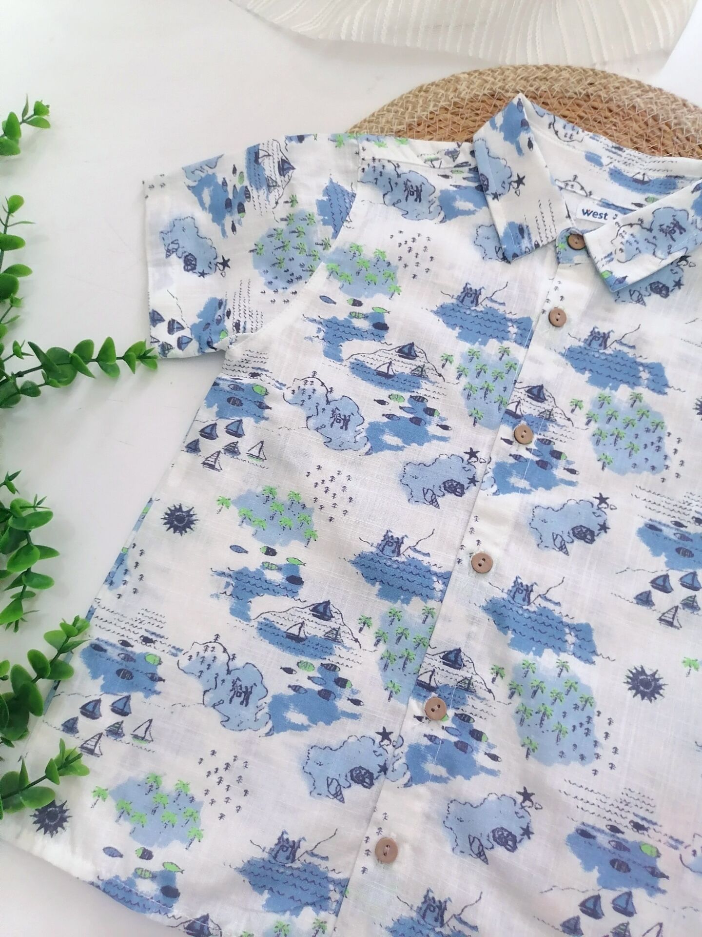 Yelken Baskı Keten Gömlek&Denim&Şortlu 2'li Takım