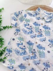 Yelken Baskı Keten Gömlek&Denim&Şortlu 2'li Takım