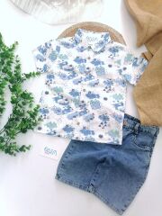 Yelken Baskı Keten Gömlek&Denim&Şortlu 2'li Takım