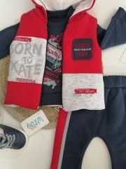 Lacivert - Kırmızı Kapüşon Yelekli Takım