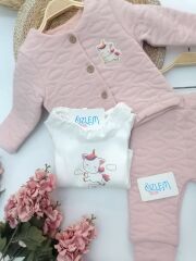 Güpürlü Bebe Yakalı Unicorn Pembe 3lü Takım