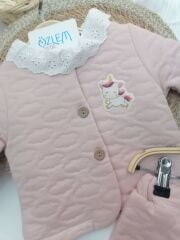 Güpürlü Bebe Yakalı Unicorn Pembe 3lü Takım