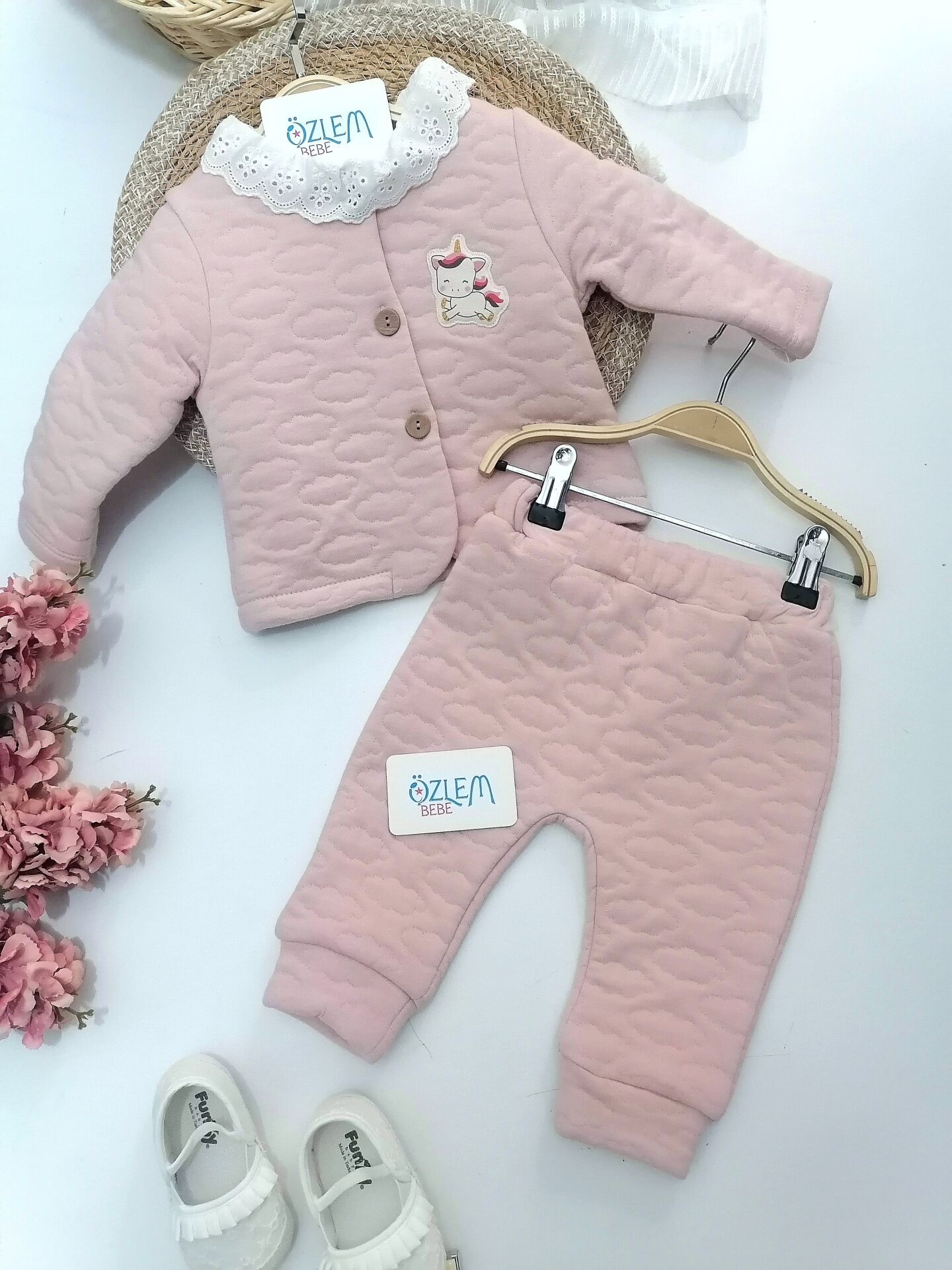 Güpürlü Bebe Yakalı Unicorn Pembe 3lü Takım