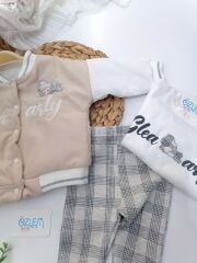 Ekose Pantolon Krem Şişme Montlu 3'lü Takım
