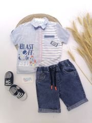 Çizgili Keten Gömlek Denim Şort Takım
