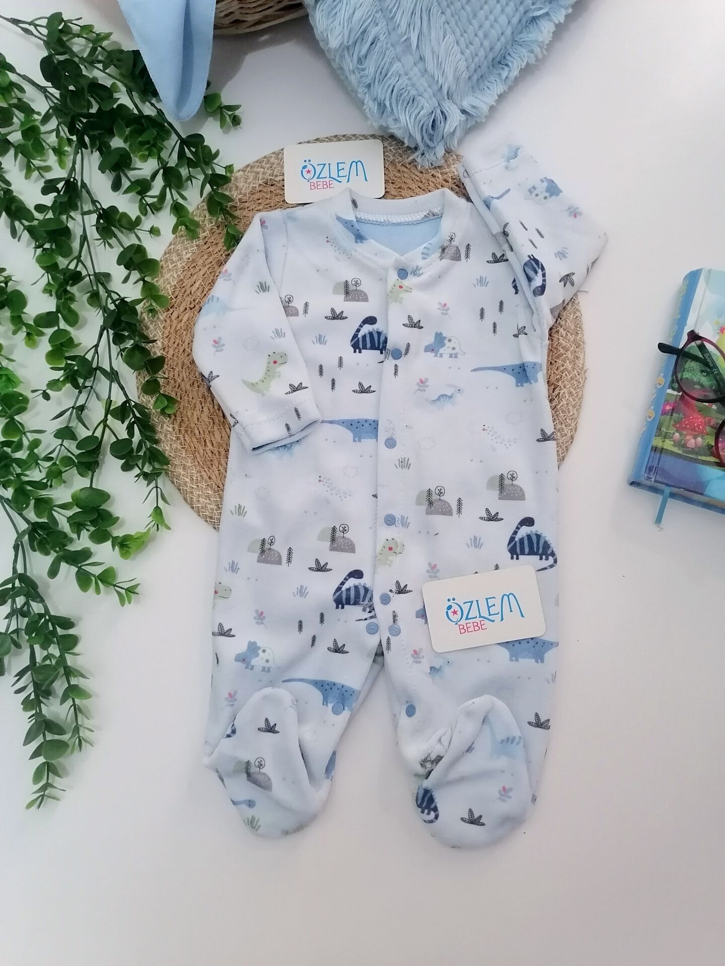 Dinasor Ailesi Ayaklı Mavi Kadife Tulum