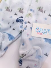 Dinasor Ailesi Ayaklı Mavi Kadife Tulum