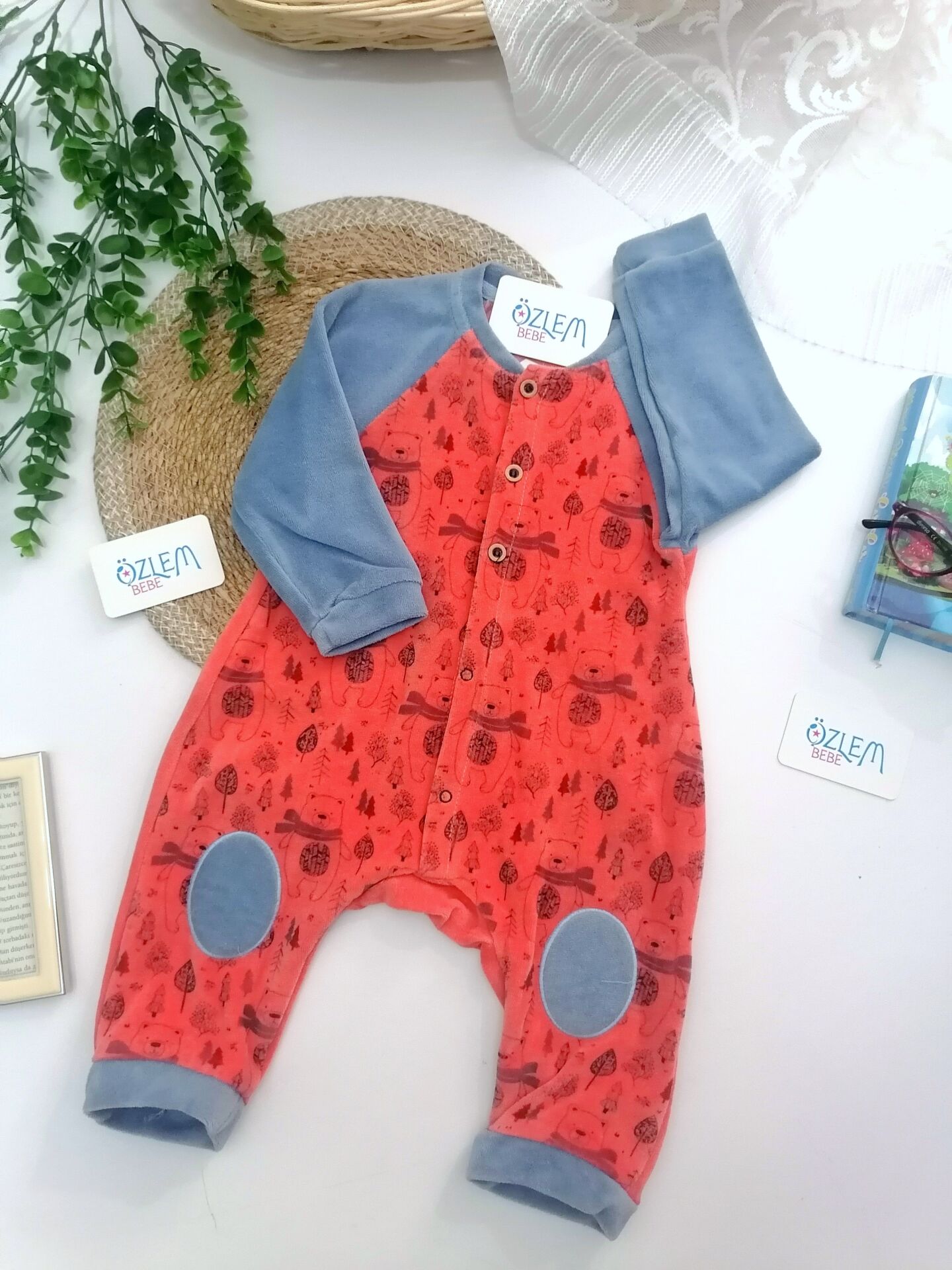 Ayıcık Baskılı Mavi&Tarçın Kadife Tulum