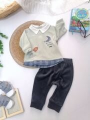 Ay ve Roket Desen Kadife 2li Takım