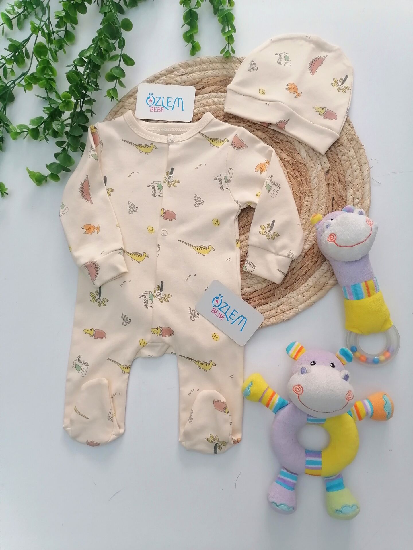 Dinasor Kardeşler Şapkalı Bebek Tulumu