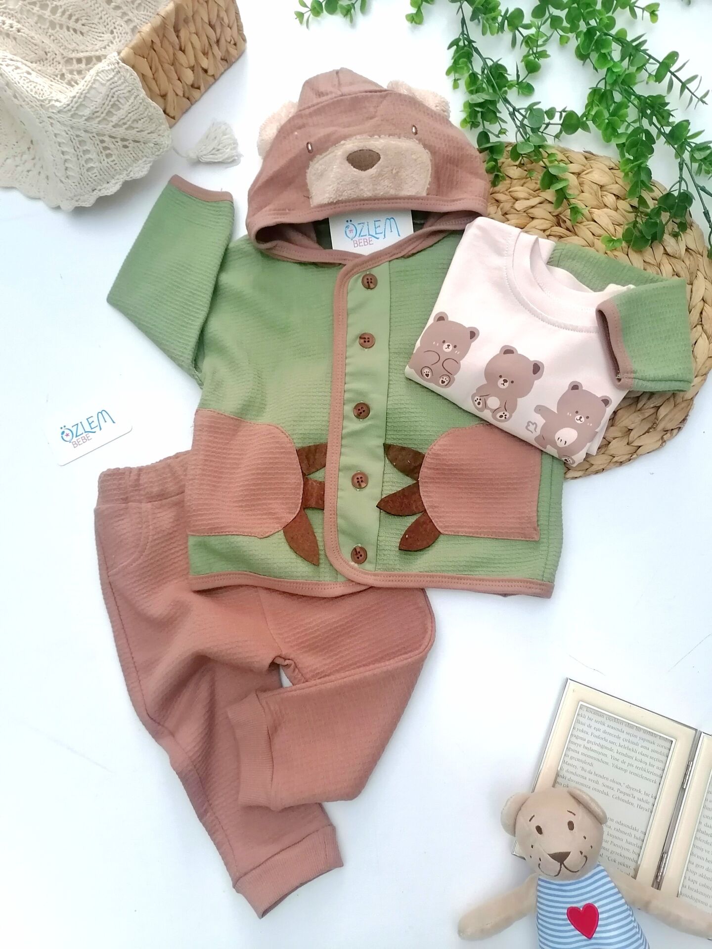 Bear Kapüşon Hırkalı 3'lü Takım