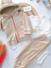 Krem Kadife Ayı Nakışlı Kapüşonlu 3'lü Takım