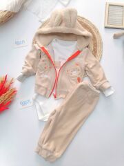 Krem Kadife Ayı Nakışlı Kapüşonlu 3'lü Takım