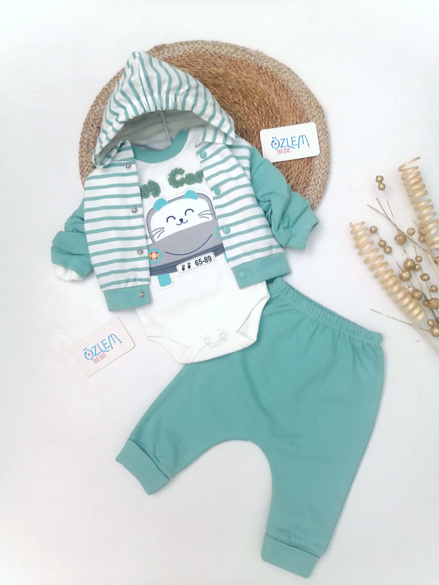 Gülen Kedicik Kapüşonlu Yeşil 3'lü Takım