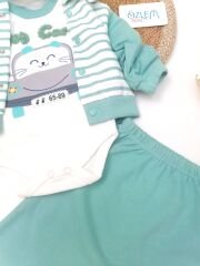 Gülen Kedicik Kapüşonlu Yeşil 3'lü Takım