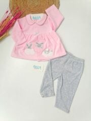 Bulutta Tavşan Bebe Yaka Kadife 2'li Bebek Takım