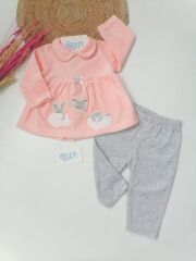 Bulutta Tavşan Bebe Yaka Kadife 2'li Bebek Takım