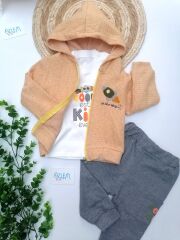 Roket Figürlü Kapüşon Ceketli 3'lü Takım