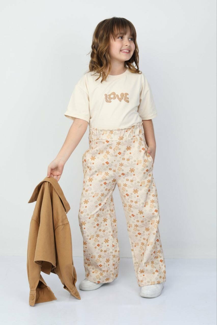 Çiçek Desen Denim Pantolon