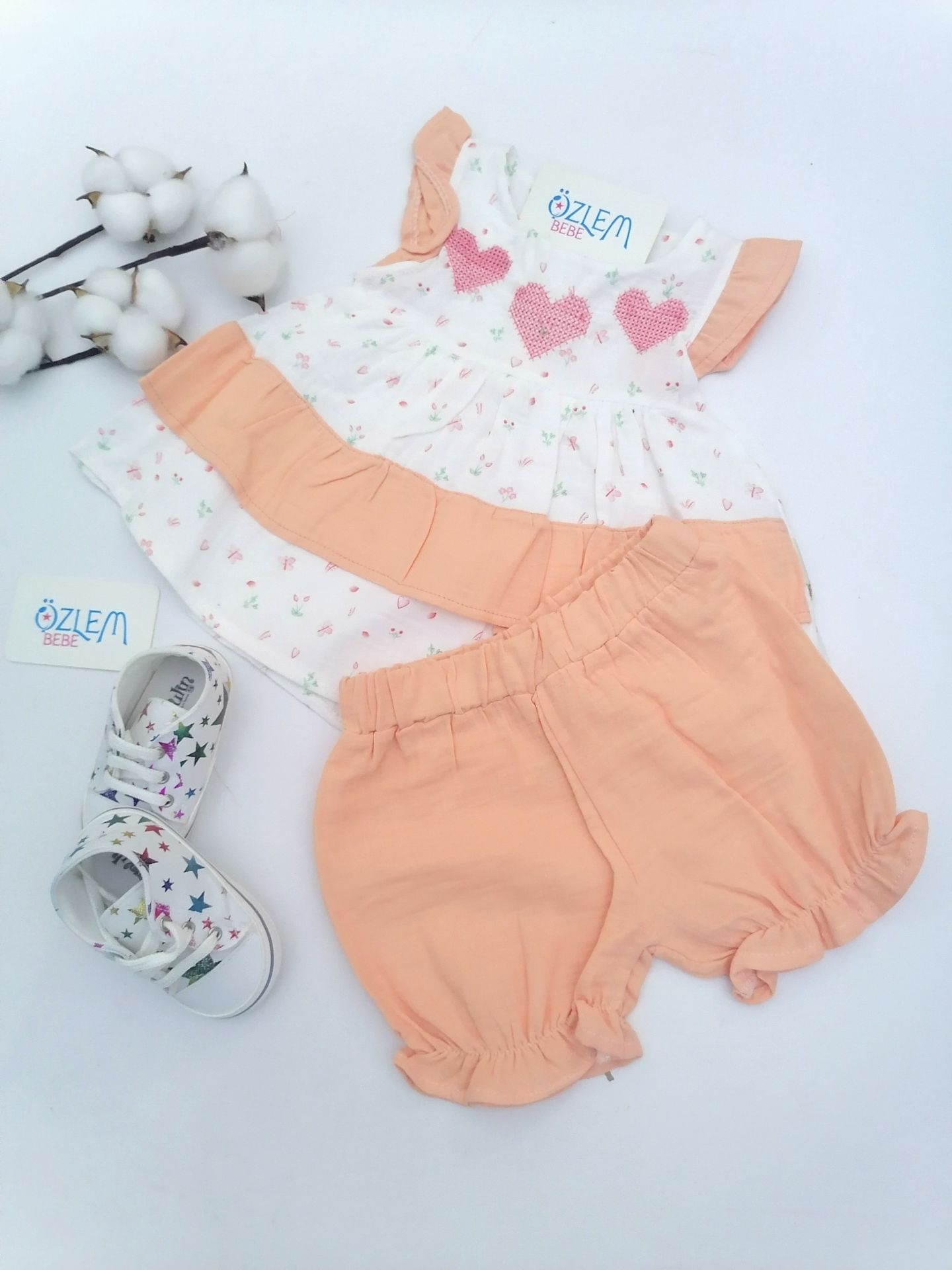 Çiçek&Kelebek Şortlu Müslin Somon Takım
