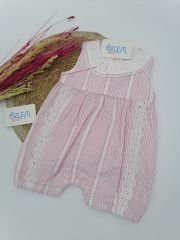 Bebe Yaka Biyeli Çizgili Pembe Tulum